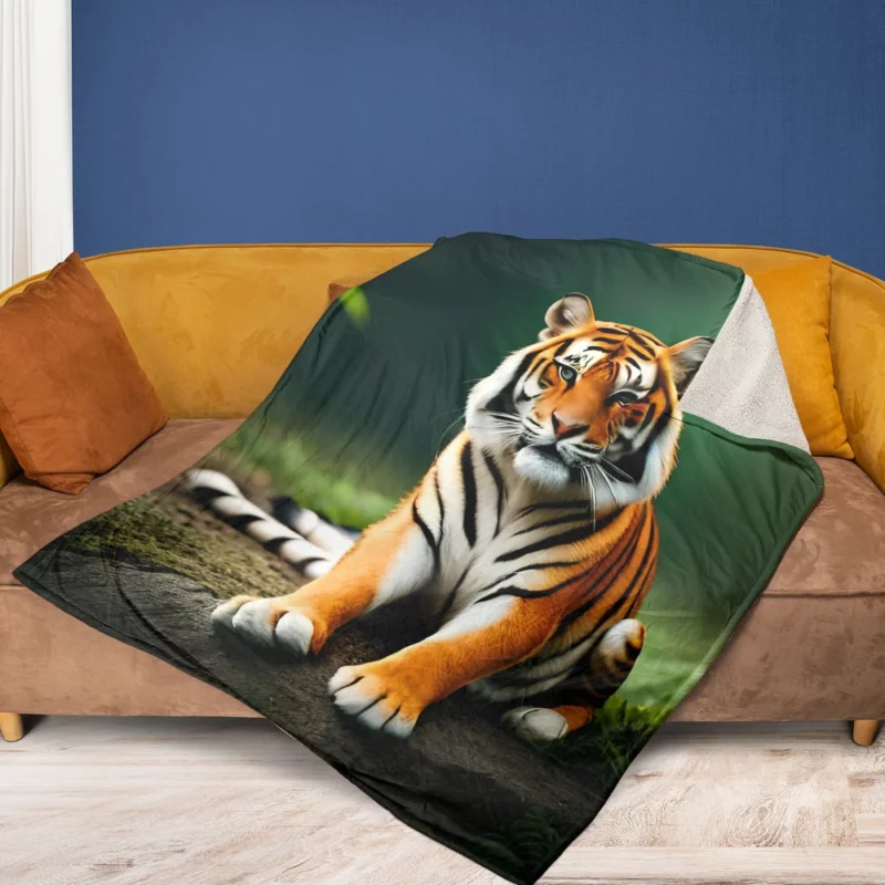 Bengal Tiger Sitting on Rock Fleece Blanket 1