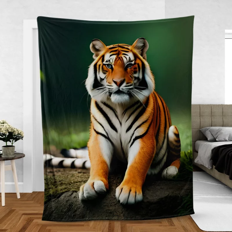 Bengal Tiger Sitting on Rock Fleece Blanket