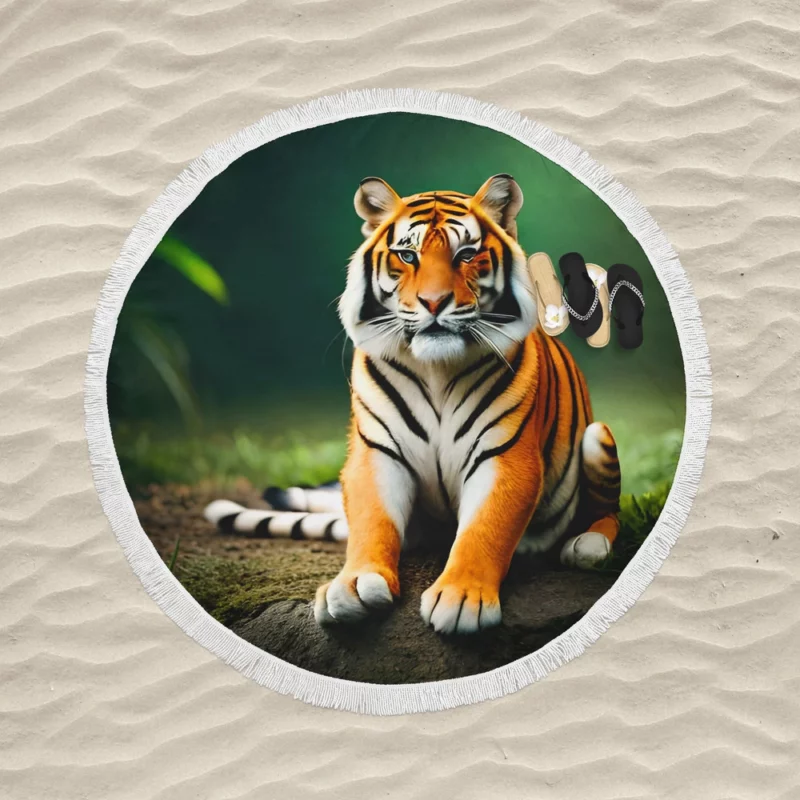 Bengal Tiger Sitting on Rock Round Beach Towel