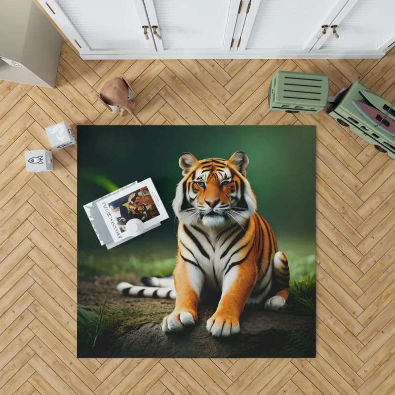 Bengal Tiger Sitting on Rock Rug