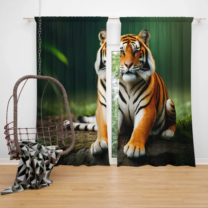 Bengal Tiger Sitting on Rock Window Curtain