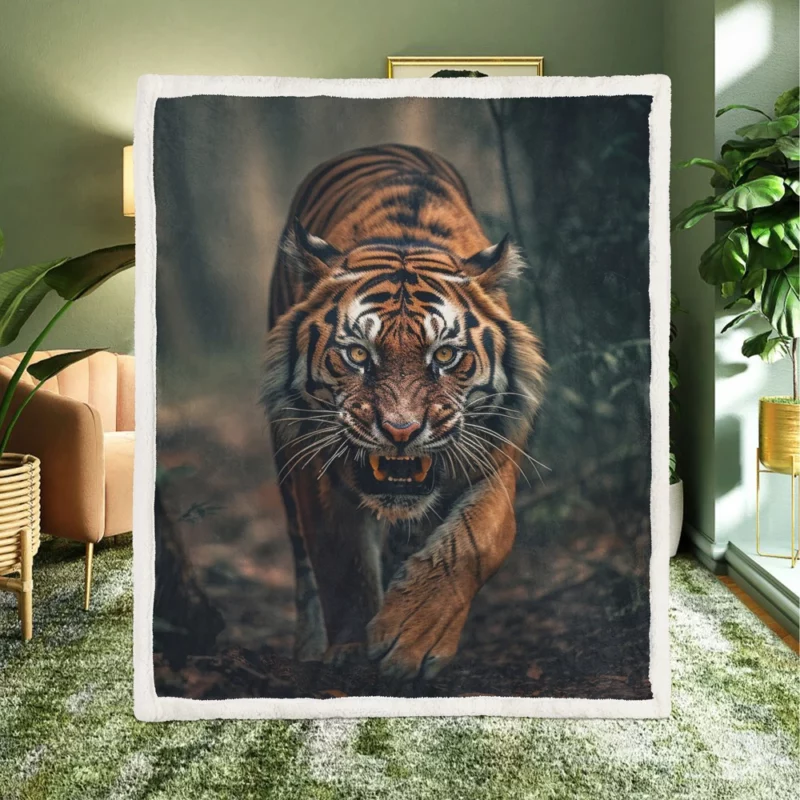 Bengal Tiger Walking Through Woods Sherpa Fleece Blanket