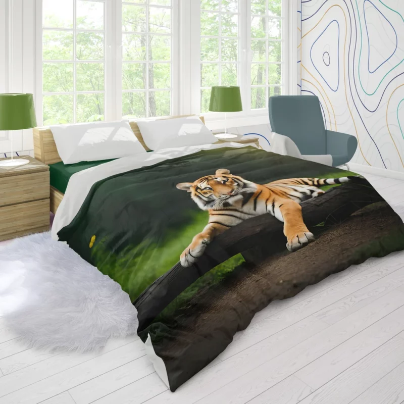 Bengal Tiger on a Log in Woods Duvet Cover