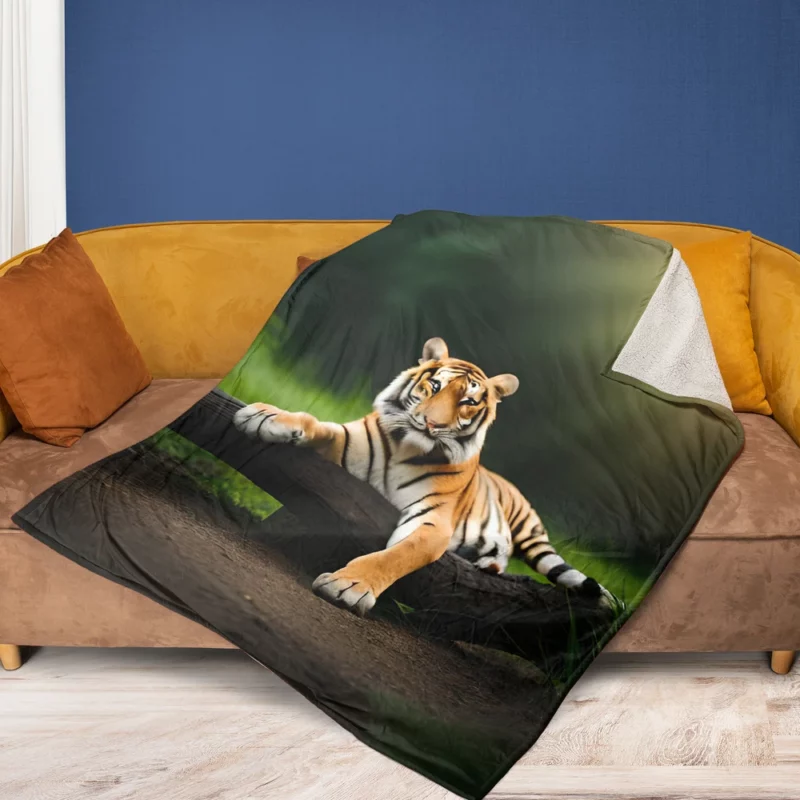 Bengal Tiger on a Log in Woods Fleece Blanket 1
