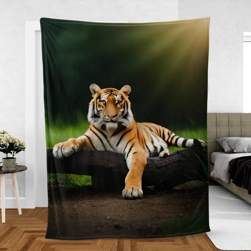 Bengal Tiger on a Log in Woods Fleece Blanket