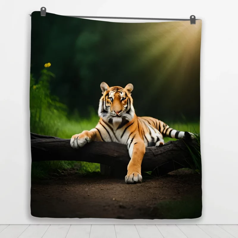 Bengal Tiger on a Log in Woods Quilt Blanket 1