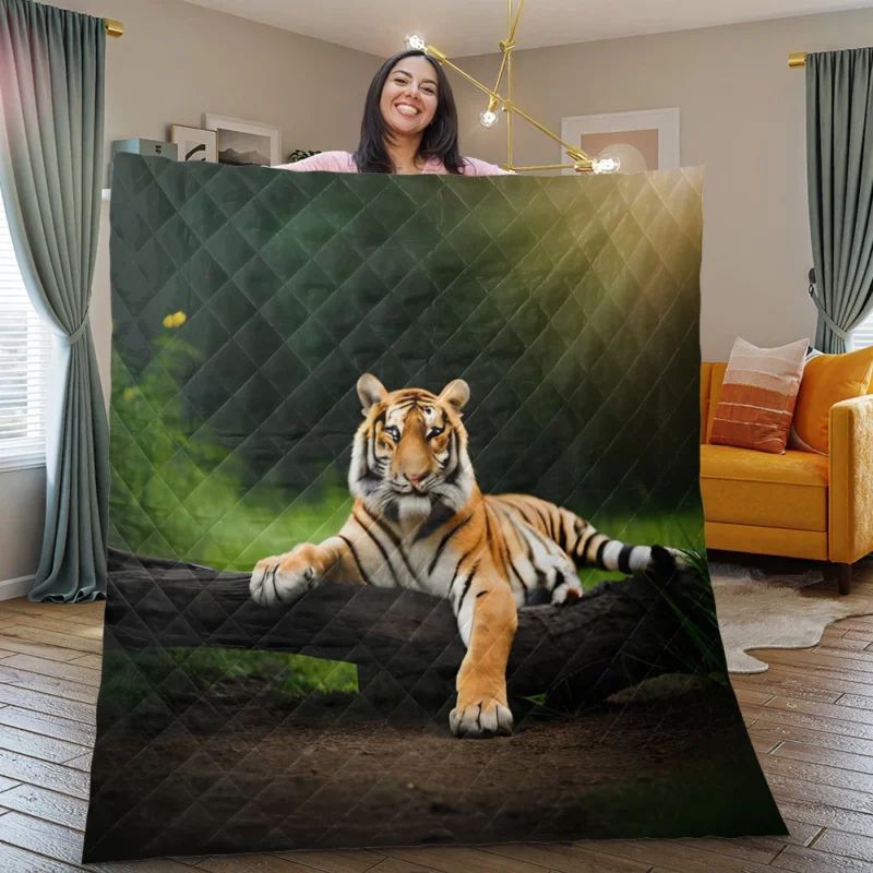 Bengal Tiger on a Log in Woods Quilt Blanket