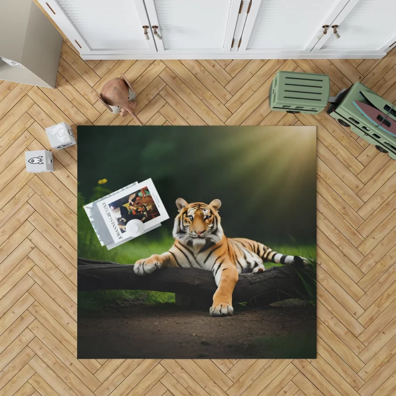 Bengal Tiger on a Log in Woods Rug