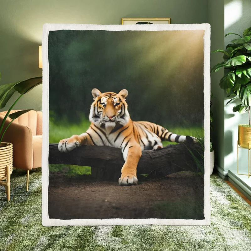 Bengal Tiger on a Log in Woods Sherpa Fleece Blanket