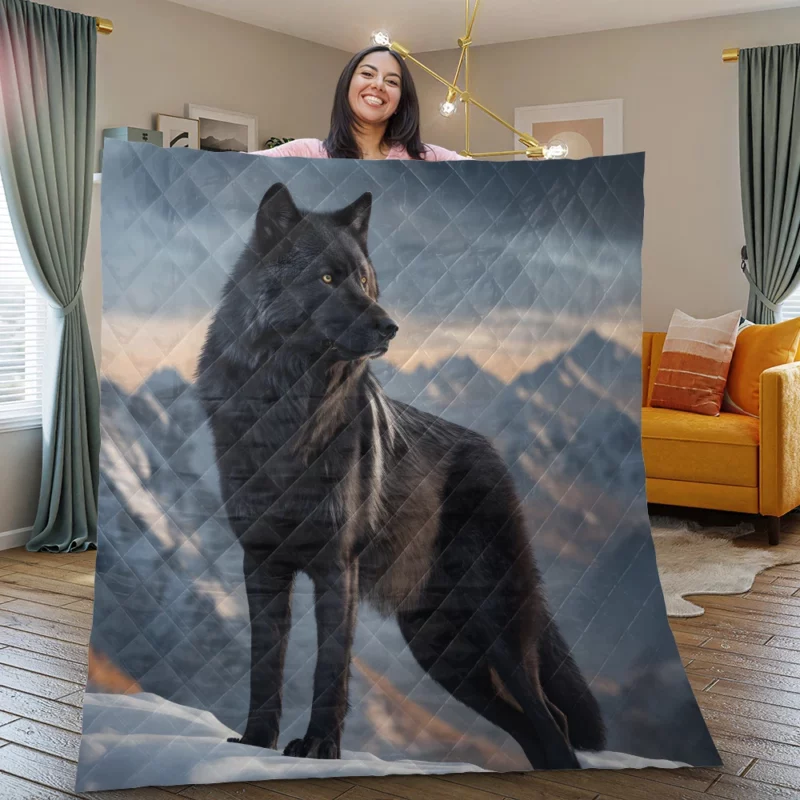 Big Black Wolf on Mountain Quilt Blanket