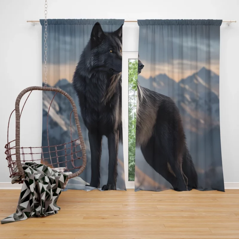 Big Black Wolf on Mountain Window Curtain