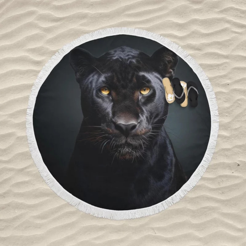 Black Leopard Portrait Round Beach Towel