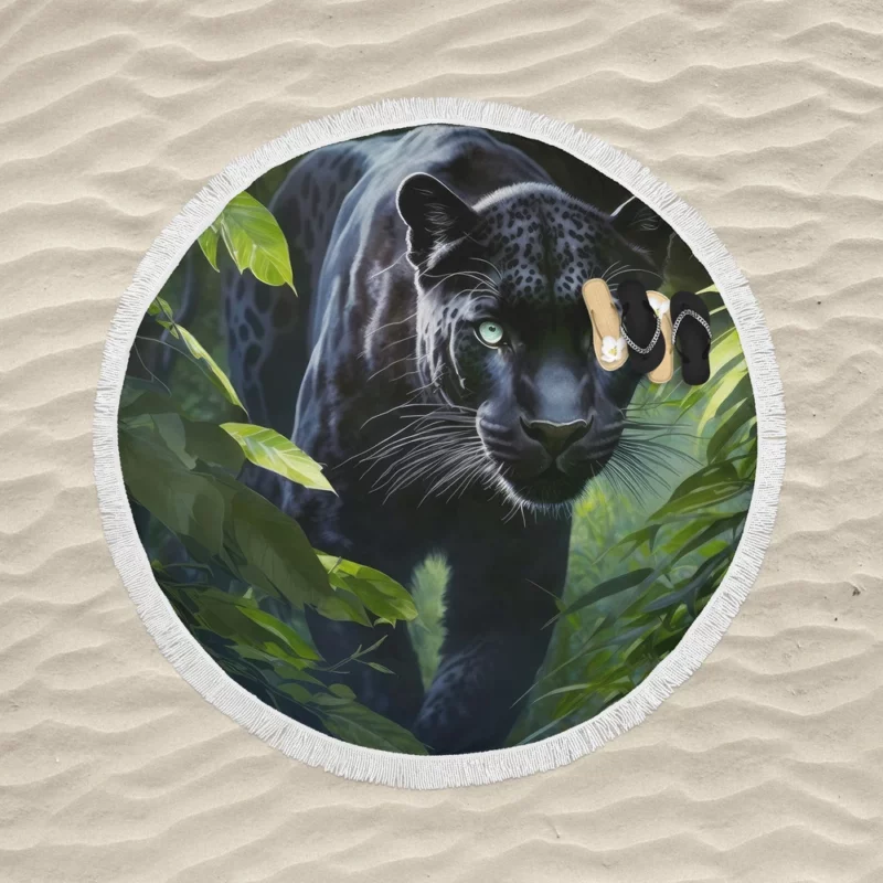 Black Panther Prowling in Jungle Round Beach Towel