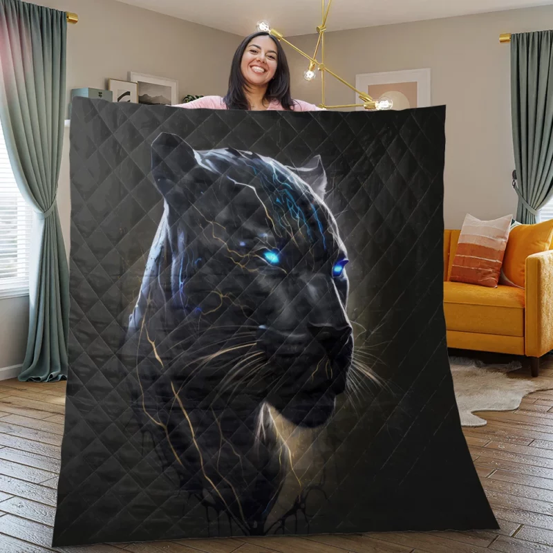 Black Panther With Blue Eyes Quilt Blanket