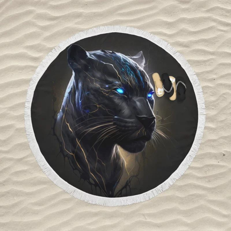 Black Panther With Blue Eyes Round Beach Towel