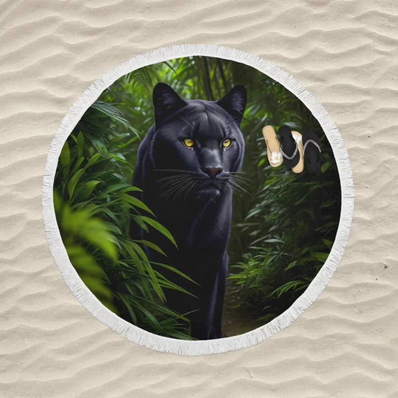 Black Panther in Forest Round Beach Towel