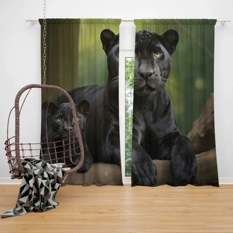 Black Panther with Cub in Nature Window Curtain