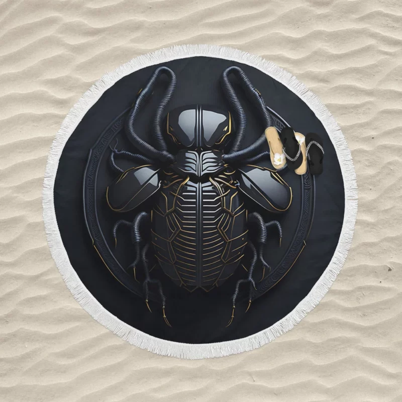 Black Scarab Logo Design Round Beach Towel