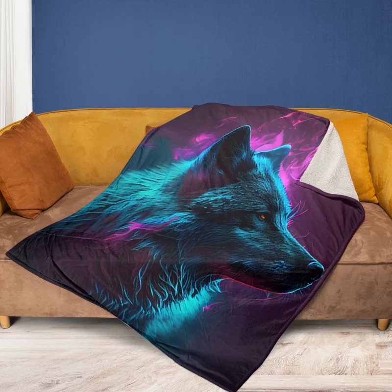 Black Wolf in Neon Colorful Smoke Fleece Blanket 1