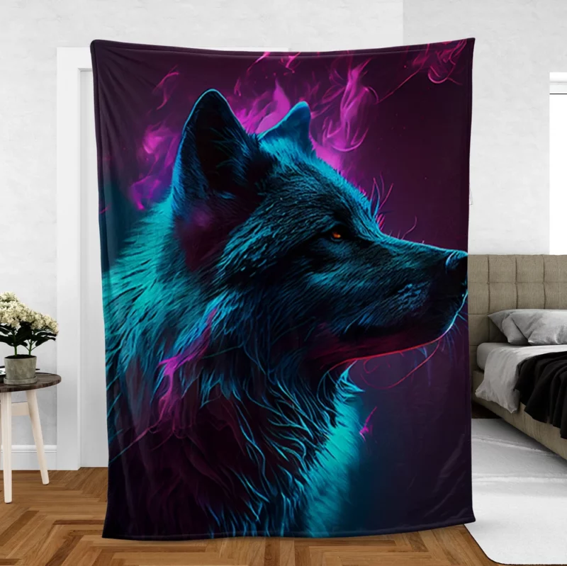 Black Wolf in Neon Colorful Smoke Fleece Blanket