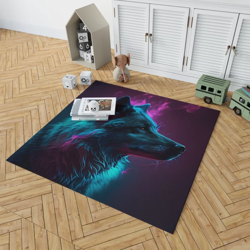 Black Wolf in Neon Colorful Smoke Rug 1