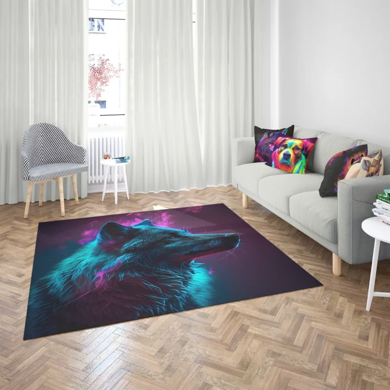 Black Wolf in Neon Colorful Smoke Rug 2