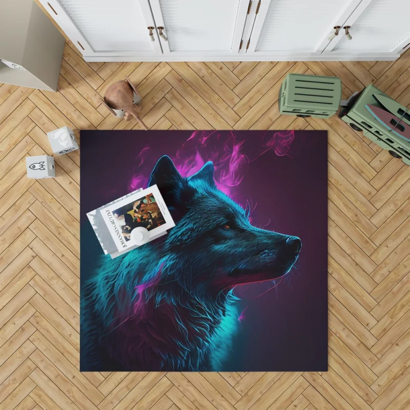 Black Wolf in Neon Colorful Smoke Rug