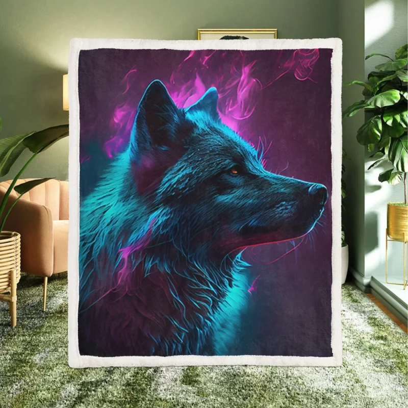 Black Wolf in Neon Colorful Smoke Sherpa Fleece Blanket