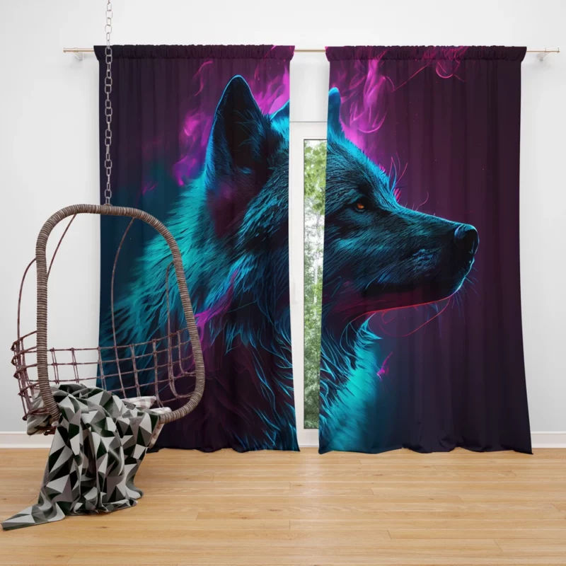 Black Wolf in Neon Colorful Smoke Window Curtain