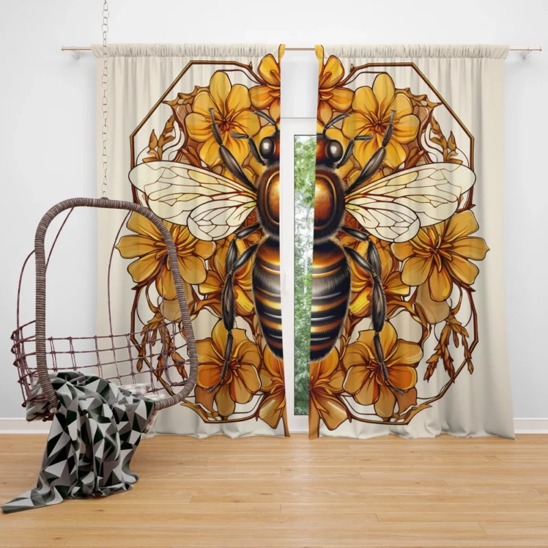 Black and Gold Bee Artwork Window Curtain