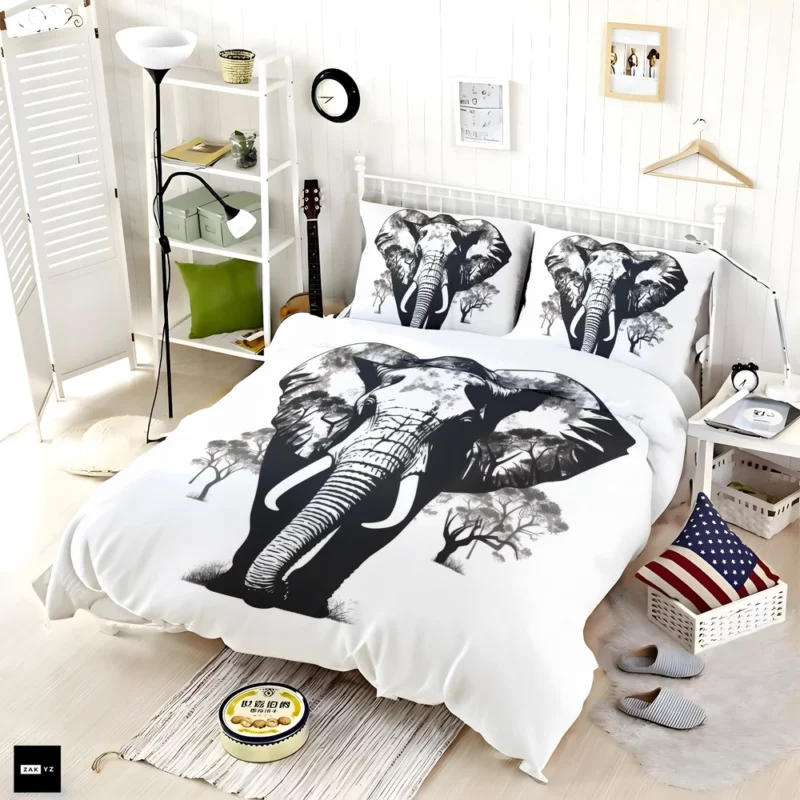 Black and White Elephant Silhouette Bedding Set