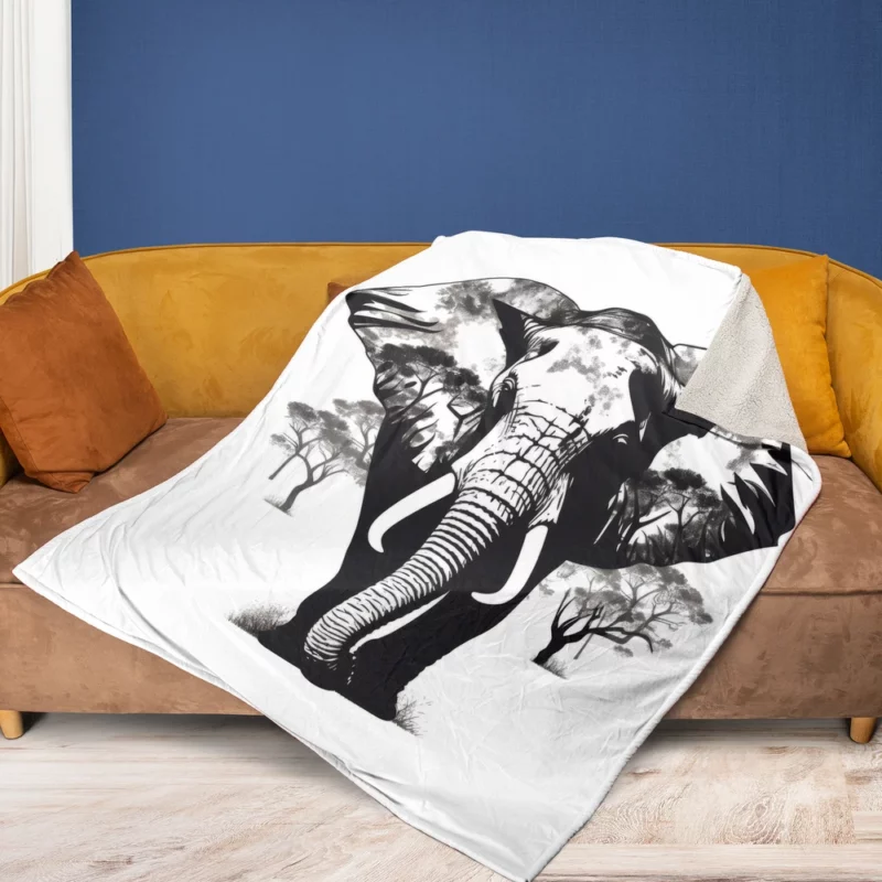 Black and White Elephant Silhouette Fleece Blanket 1