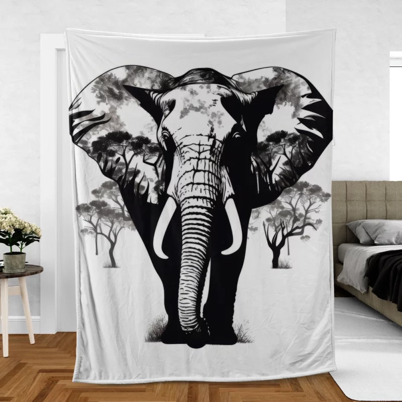 Black and White Elephant Silhouette Fleece Blanket