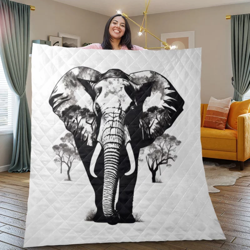 Black and White Elephant Silhouette Quilt Blanket