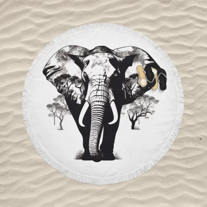 Black and White Elephant Silhouette Round Beach Towel