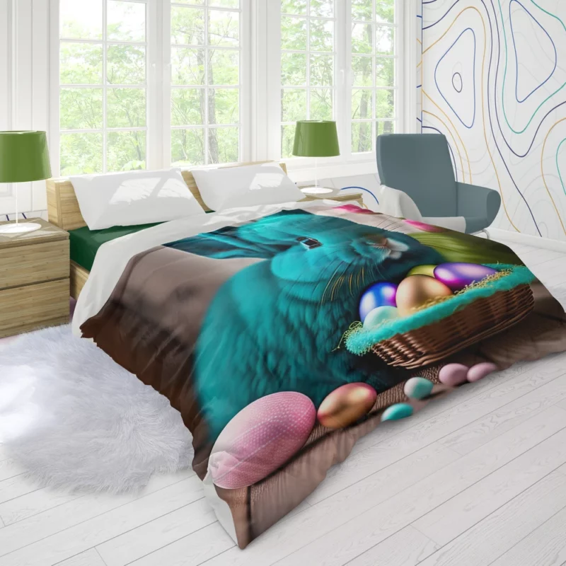 Blue Bunny With Easter Basket Duvet Cover