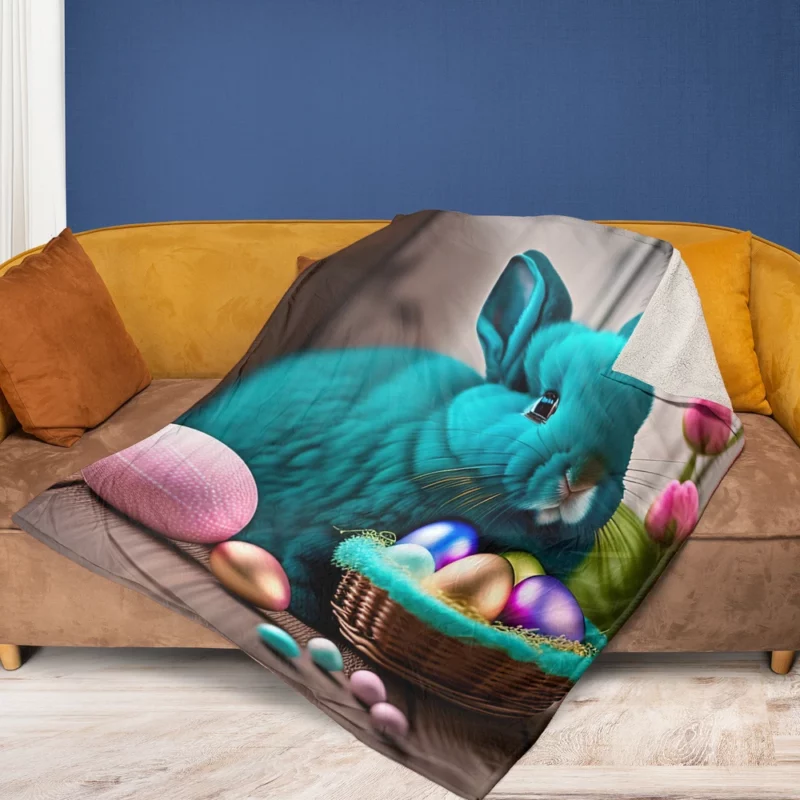 Blue Bunny With Easter Basket Fleece Blanket 1