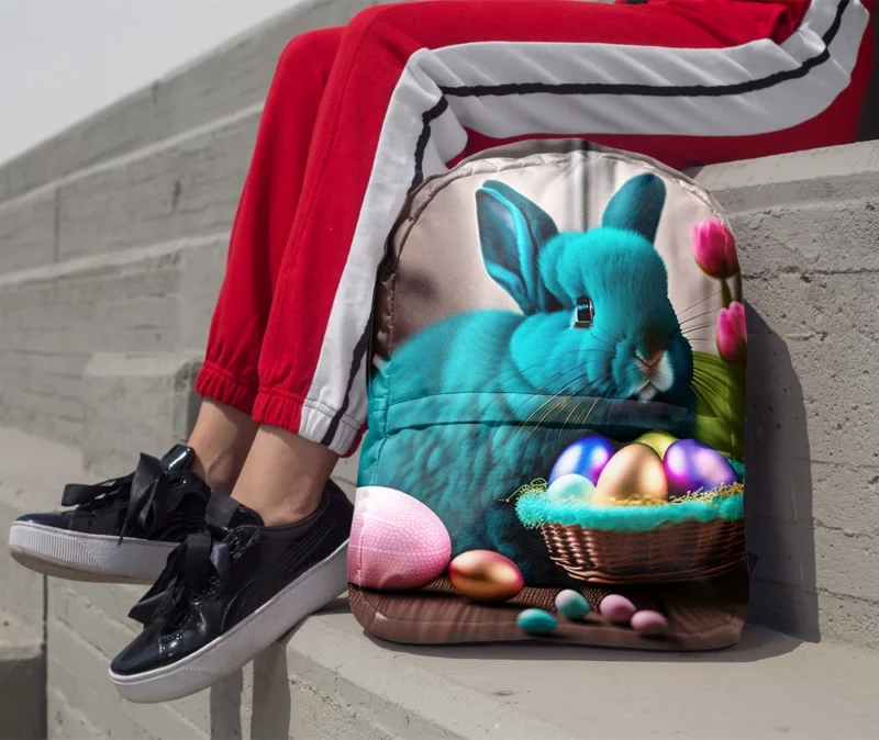 Blue Bunny With Easter Basket Minimalist Backpack 1