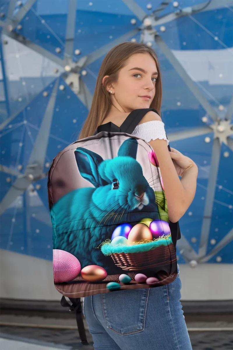 Blue Bunny With Easter Basket Minimalist Backpack 2