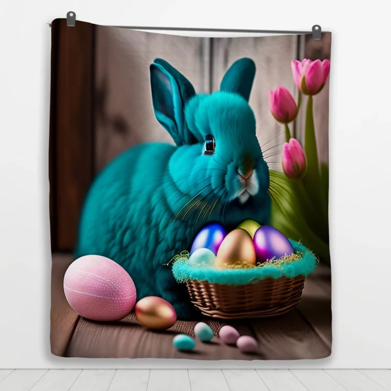 Blue Bunny With Easter Basket Quilt Blanket 1