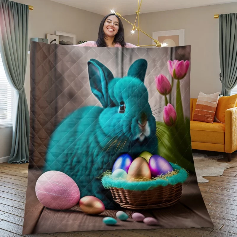 Blue Bunny With Easter Basket Quilt Blanket