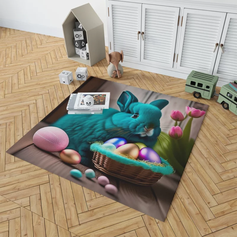 Blue Bunny With Easter Basket Rug 1