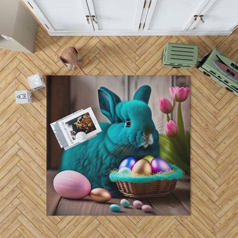 Blue Bunny With Easter Basket Rug