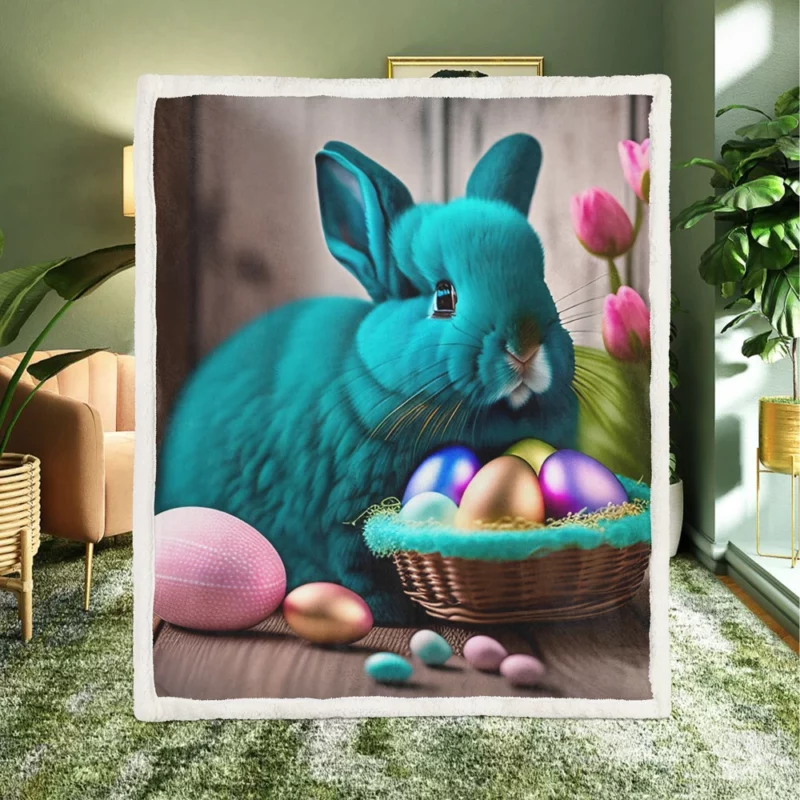 Blue Bunny With Easter Basket Sherpa Fleece Blanket