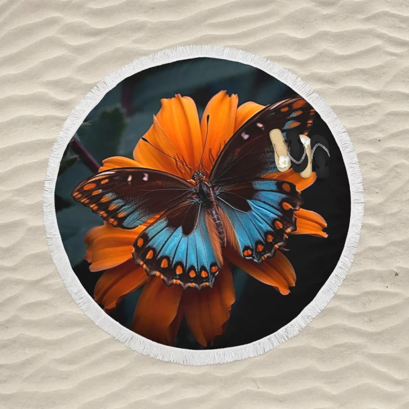 Blue Butterfly in the Garden Round Beach Towel