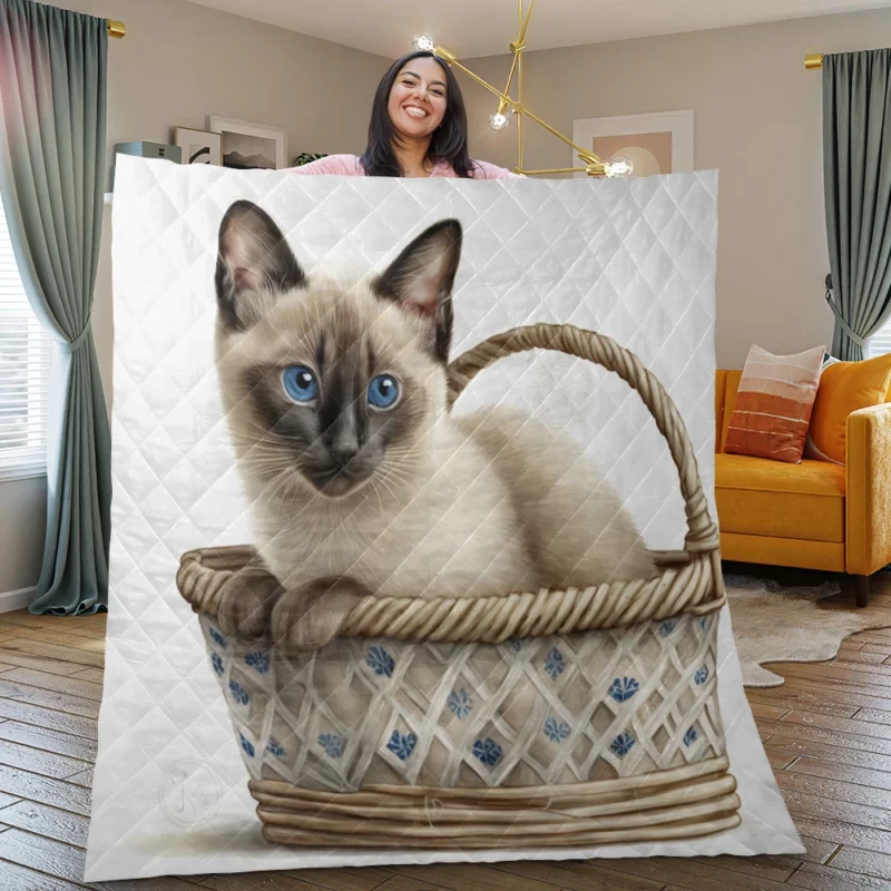 Blue Eyed Cat in Basket Quilt Blanket