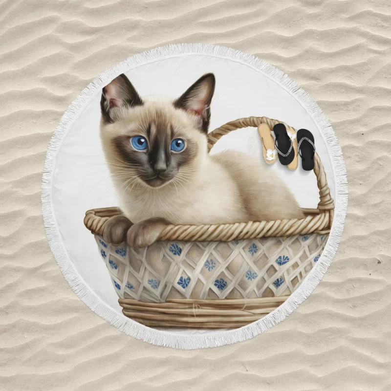 Blue Eyed Cat in Basket Round Beach Towel