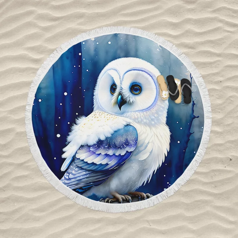 Blue Eyed Owl Painting Round Beach Towel