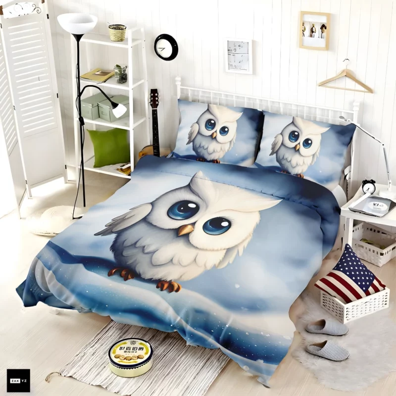 Blue Eyed Snowy Owl on Snow Bedding Set