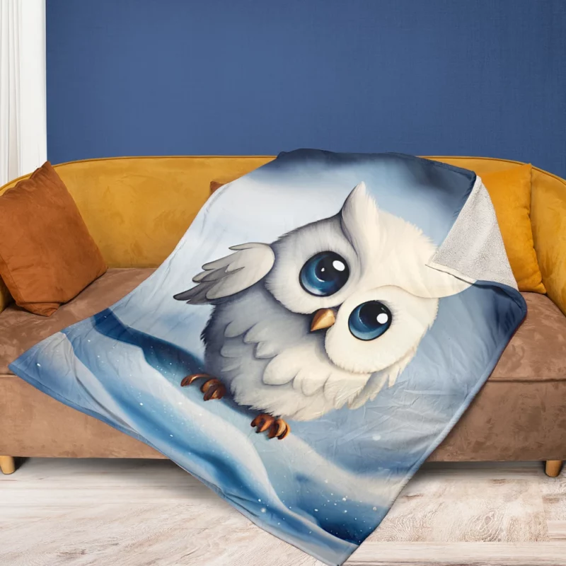 Blue Eyed Snowy Owl on Snow Fleece Blanket 1